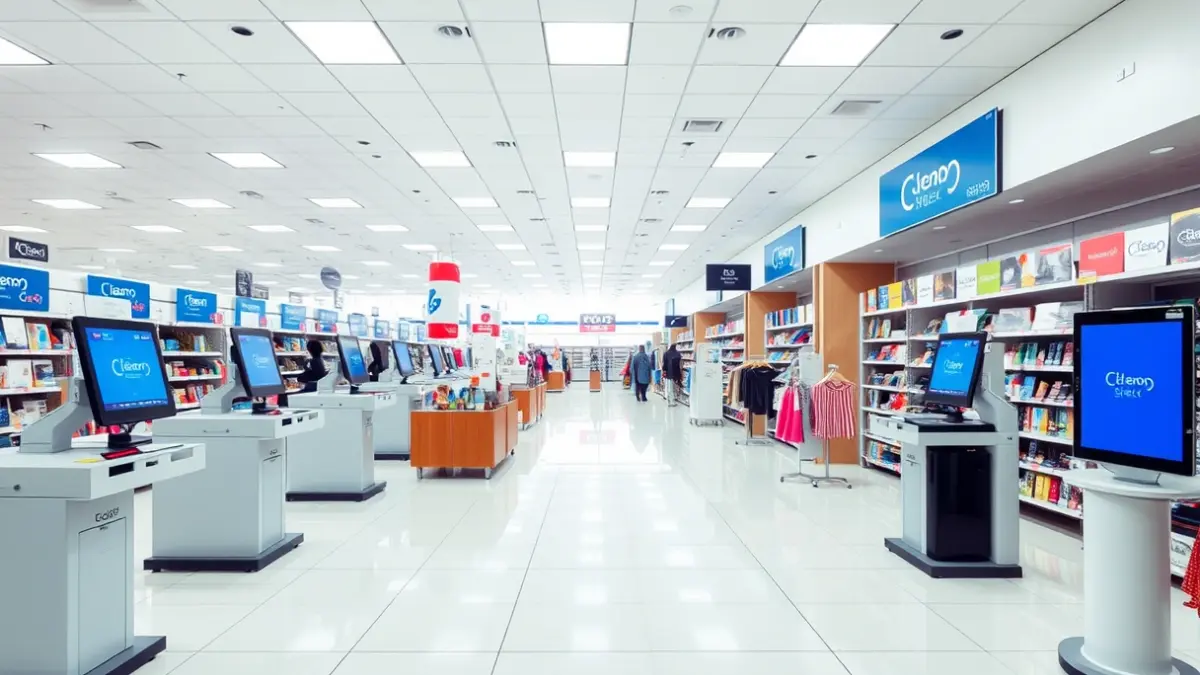 Imagen genérica de un interior de tienda moderna con cajas de autopago.