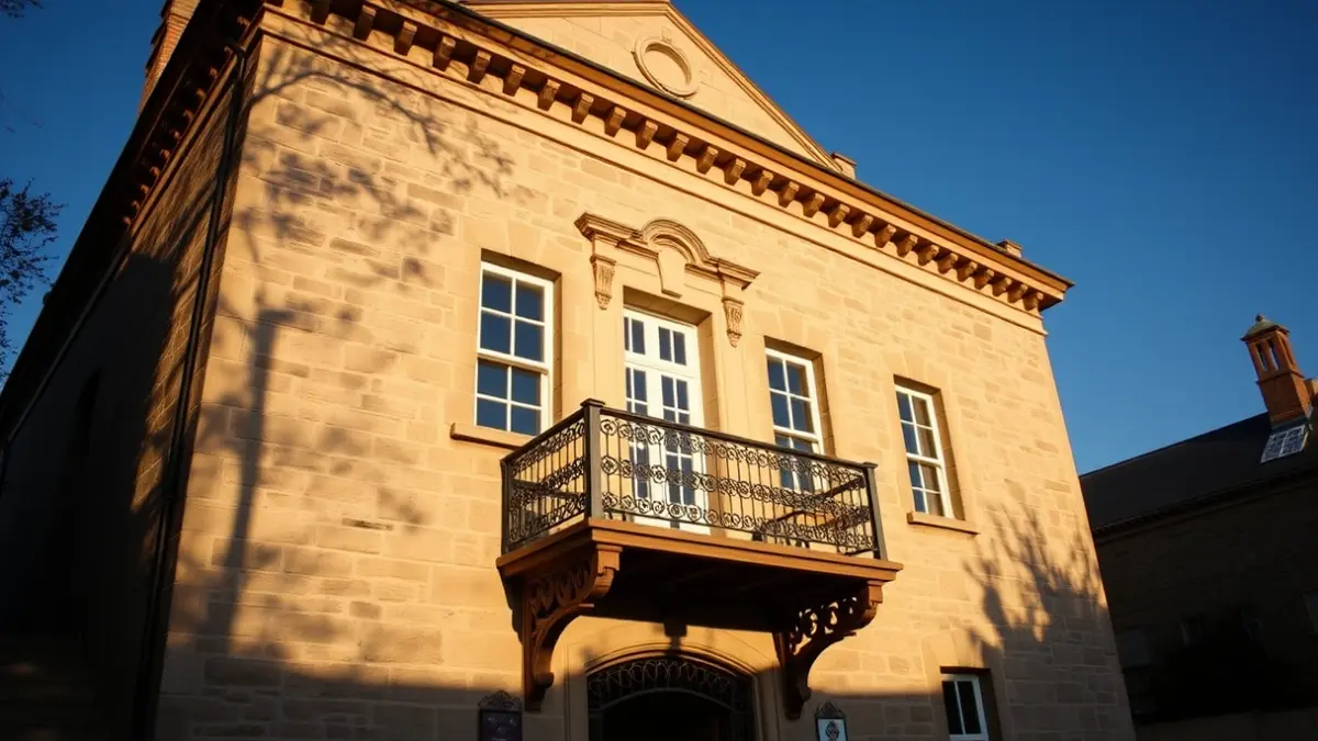 Stone town hall facade with ornate balcony, bathed in afternoon sunlight.