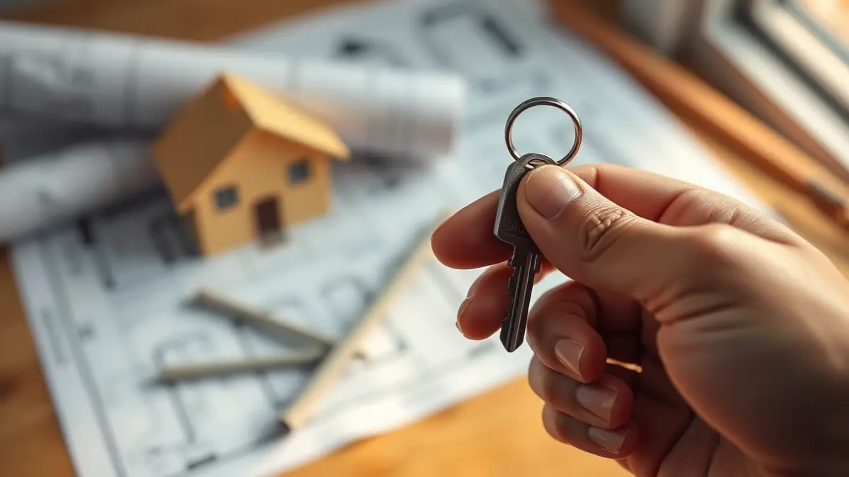 Imagen genérica de una mano sosteniendo una llave de vivienda, con planos y materiales de construcción de fondo.