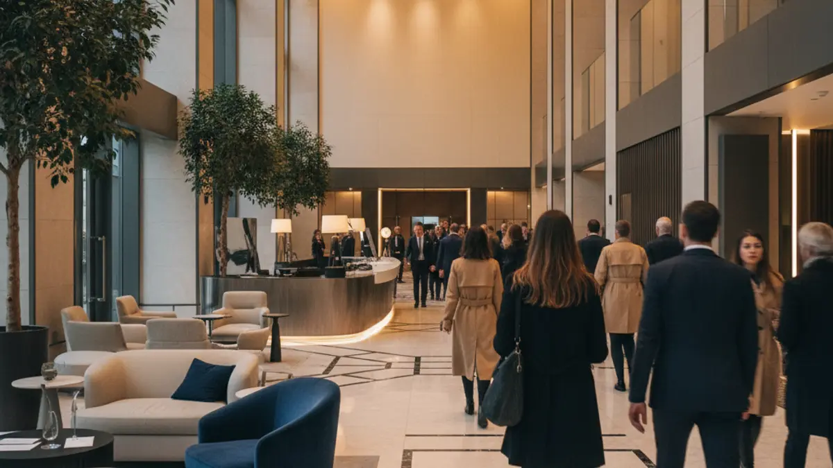 Modern luxury hotel lobby with soft lighting and contemporary design.