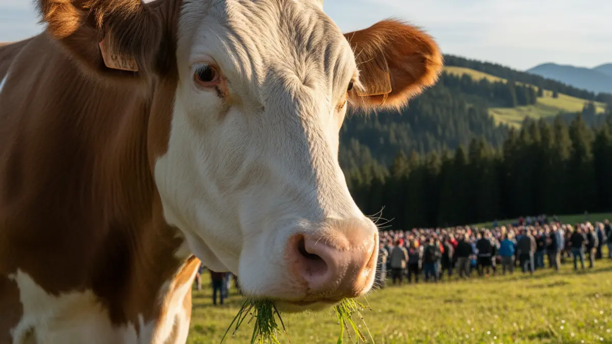 Imagen de una vaca en un pasto de montaña, con árboles y cielo azul de fondo.