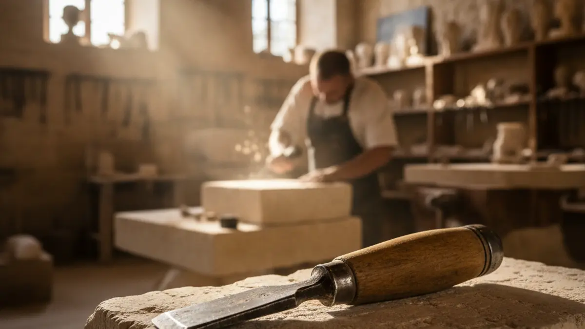 Imagen genérica de herramientas de cantería sobre piedra natural, simbolizando la artesanía y la tradición familiar.