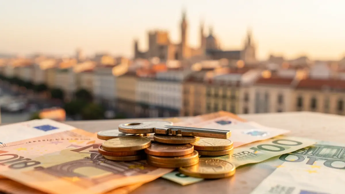 Generic image of keys and money with Barcelona cityscape in the background.