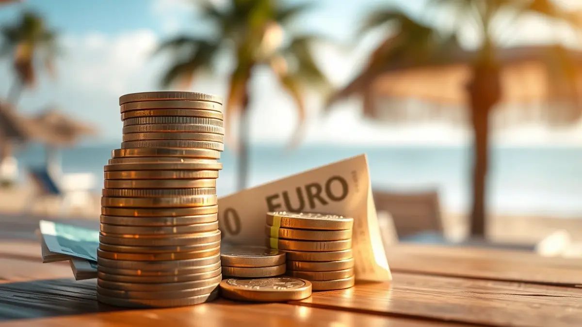 Generic image of euro coins and bills on a table, with a Canary Islands beach in the background, representing the economic impact on tourism.
