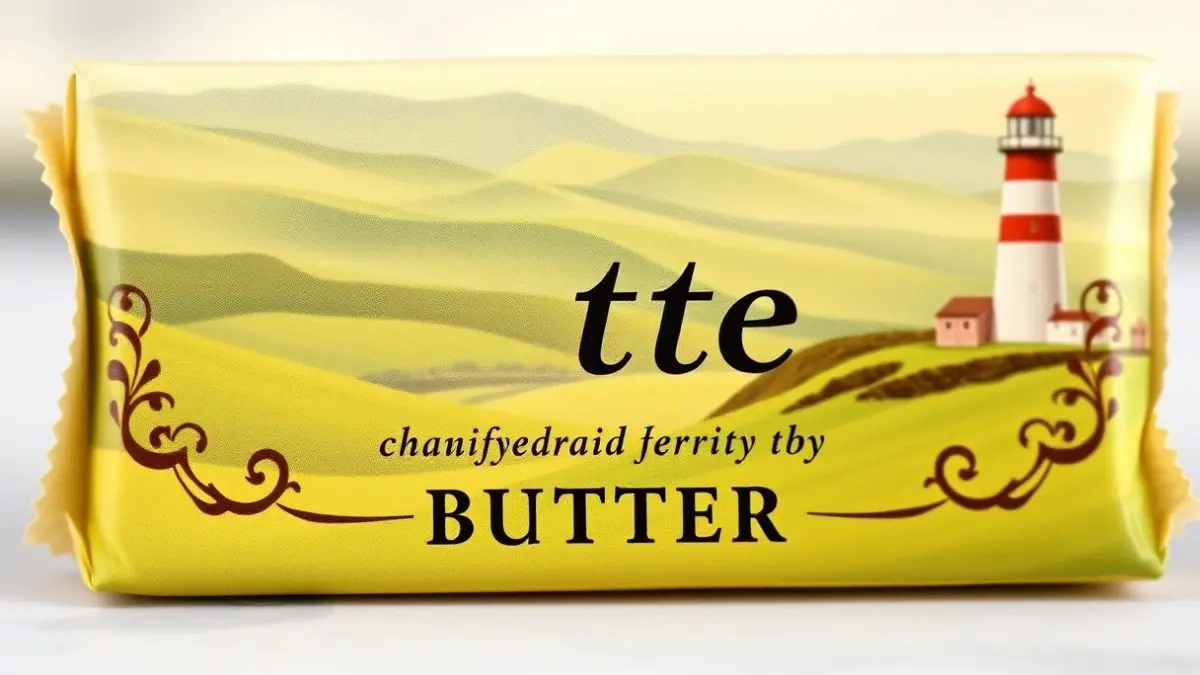 Image of a butter wrapper with an elegant design, with a blurred background of green hills and a distant lighthouse.
