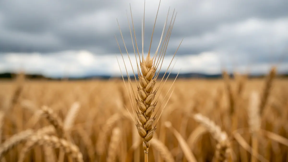 Espiga de trigo solitaria sobre un fondo de campos dorados nublados, representando las dificultades y la resiliencia agrícola en Galicia.