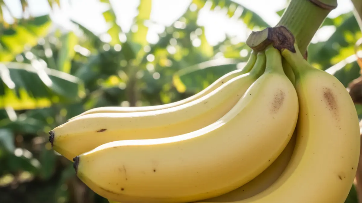 Imagen genérica de un racimo de plátanos maduros, con un fondo desenfocado de una plantación tropical.