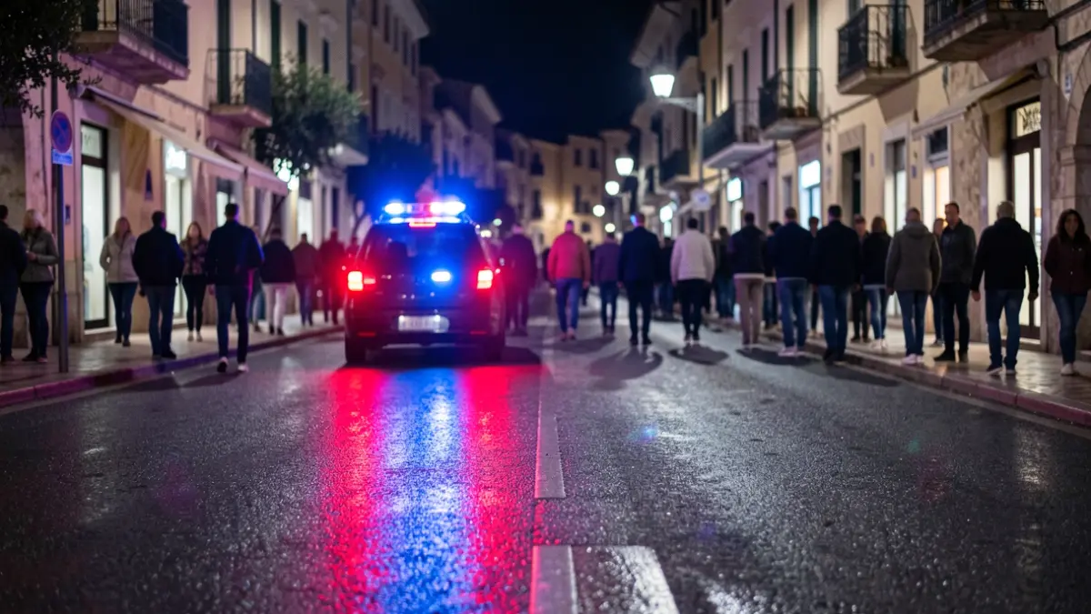 Imagen genérica de luces de emergencia policiales reflejándose en asfalto mojado de noche.