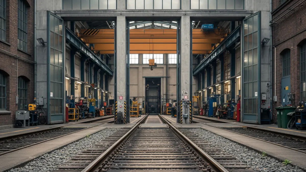 Imagen genérica de unas vías de tren entrando en un taller de mantenimiento.