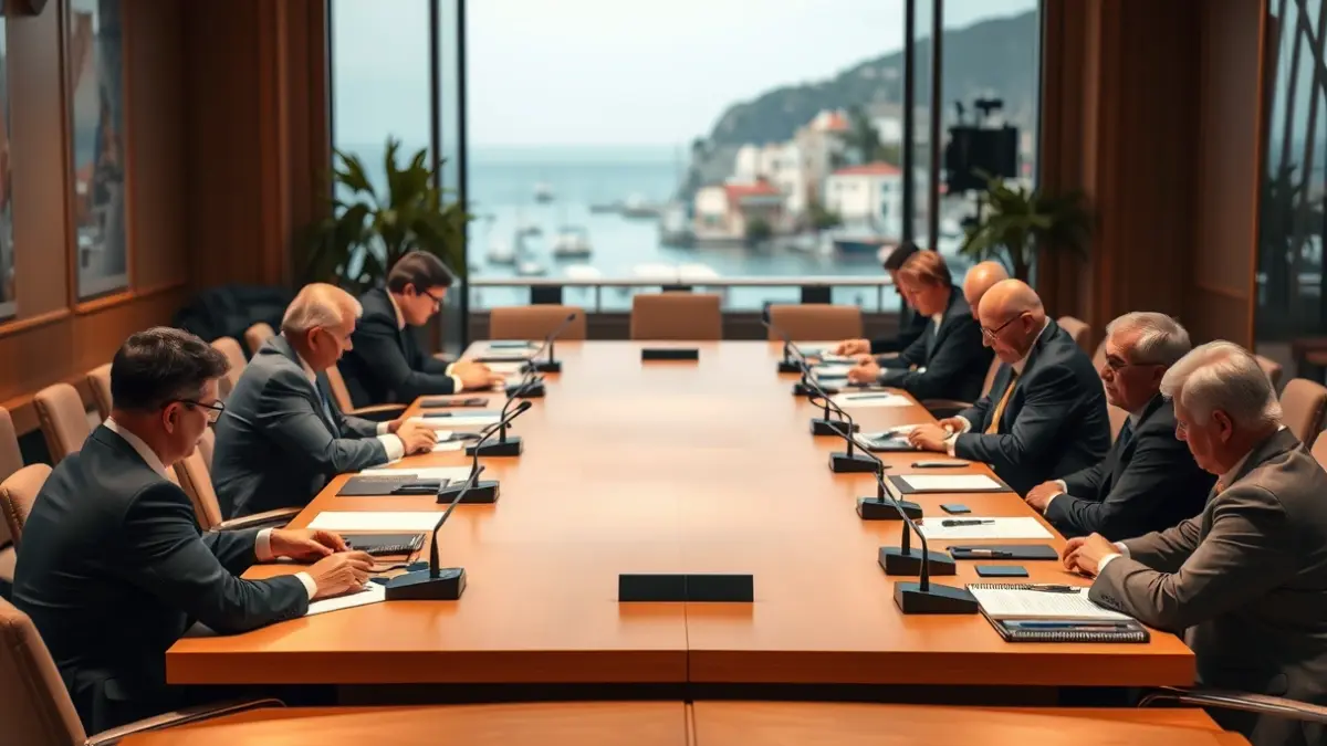 Imagen de una sala de conferencias con una mesa grande y micrófonos, sugiriendo una reunión económica de alto nivel.