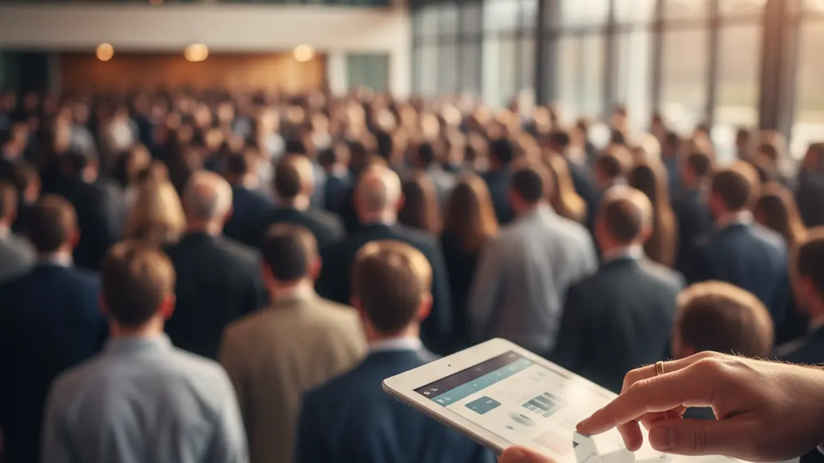 Generic image of a person using a tablet in a conference setting, symbolizing digital accessibility.