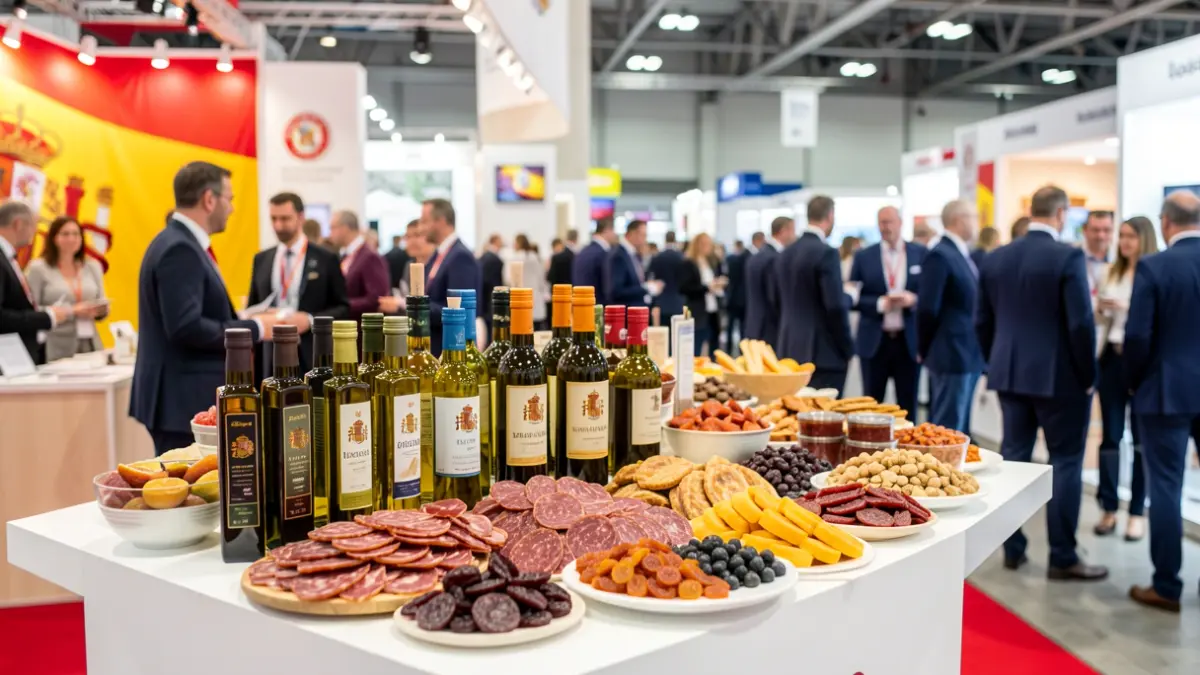 Expositores de productos gourmet españoles en una feria agroalimentaria internacional.