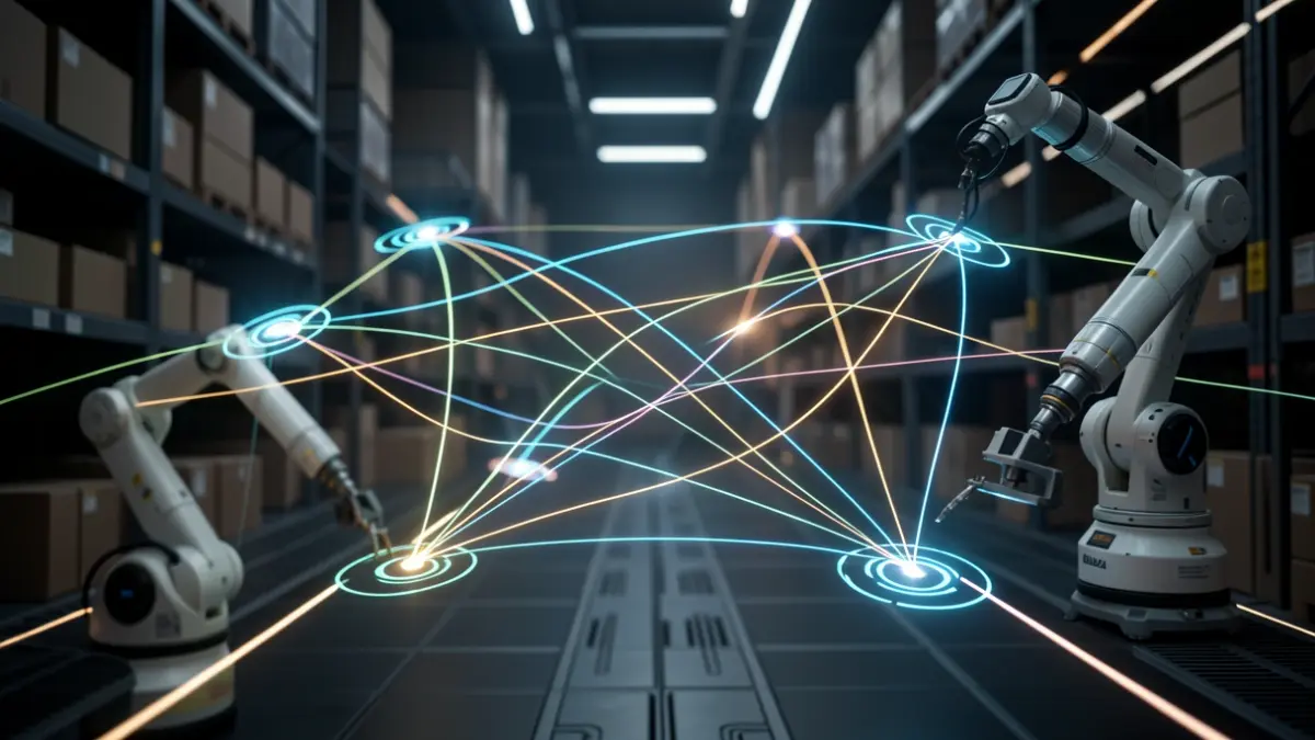 Imagen genérica de un ecosistema logístico inteligente con conexiones de datos y brazos robóticos.
