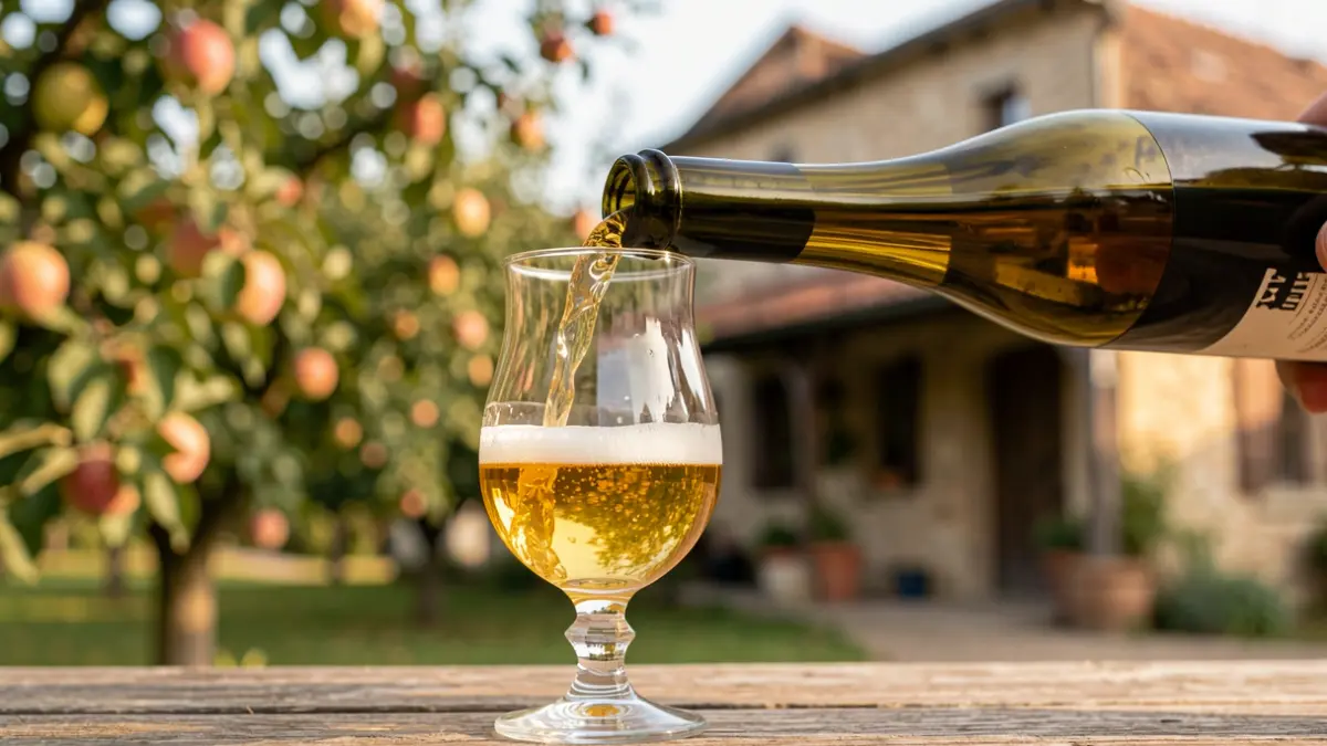 Photograph of a glass of cider being poured from a bottle, with apple trees and a rustic cider house in the background.