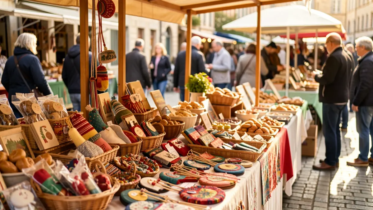 Fair stall with artisanal products and food, lively atmosphere.