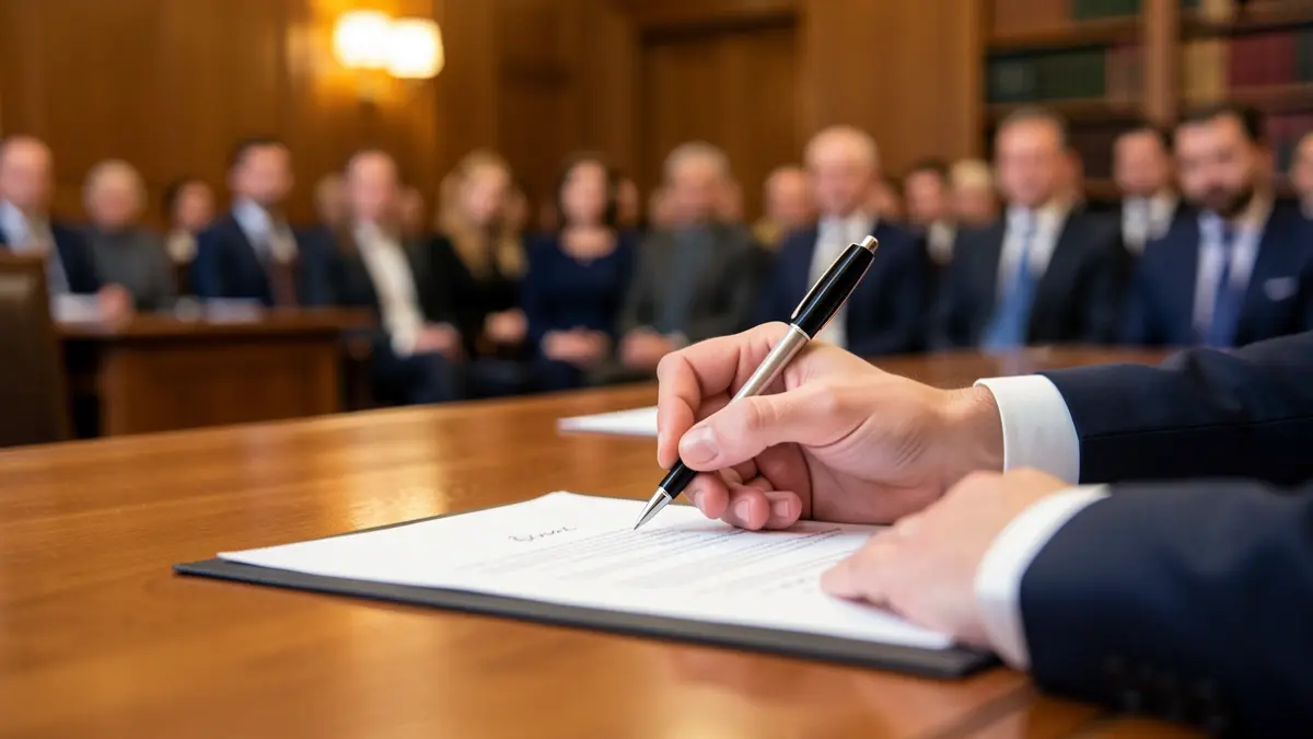 Imagen genérica de una persona firmando un documento en un entorno profesional.