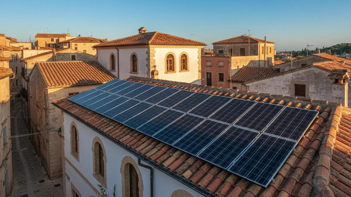 Solar panels installed on a rooftop, under a blue sky with sunlight.