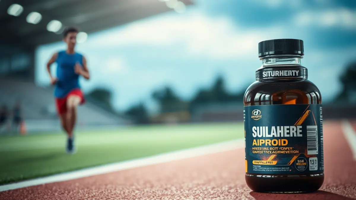 Generic image of a sports nutrition supplement bottle, with an athlete running in the background.
