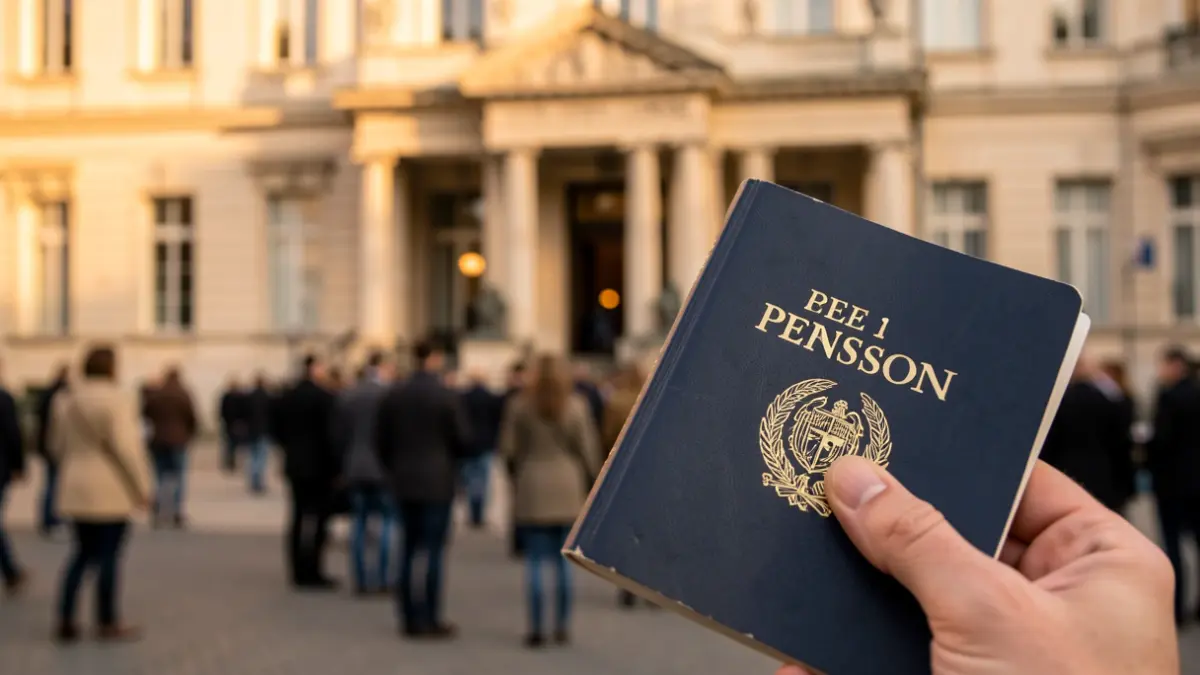 Imagen genérica de un libro de pensiones frente a un edificio oficial.