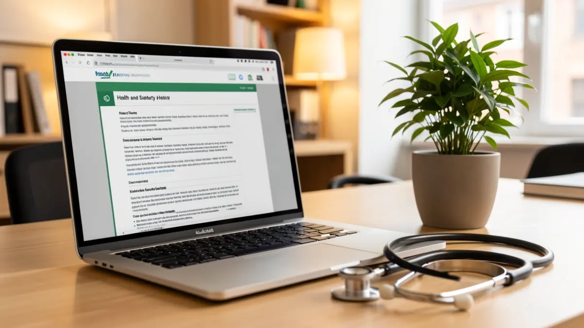 Generic image of an office desk with a laptop displaying a health and safety report.