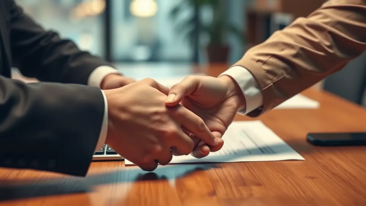 Generic image of two hands shaking over a blurred desk with paperwork.