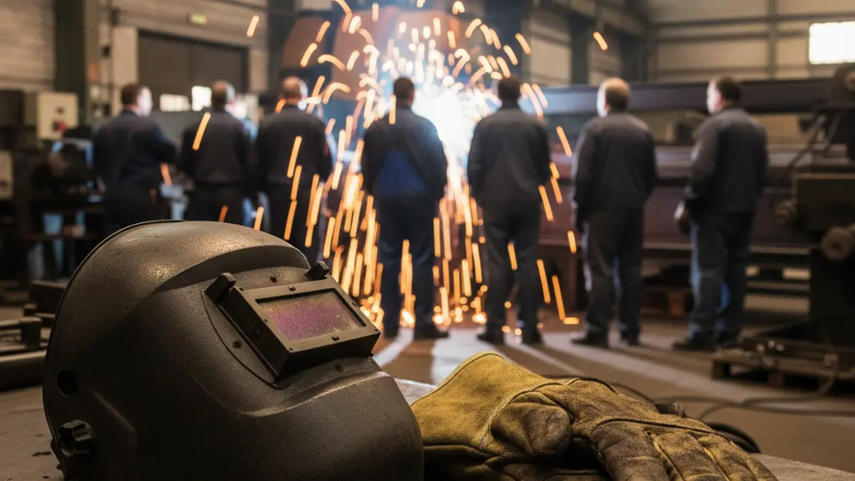 Máscara y guantes de soldador en un banco de trabajo metálico, chispas volando al fondo, entorno industrial, iluminación cálida, enfoque en el equipo de seguridad.