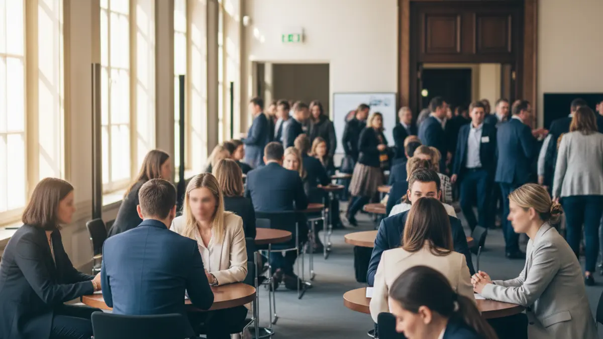 Generic image of a job fair with simultaneous interviews.
