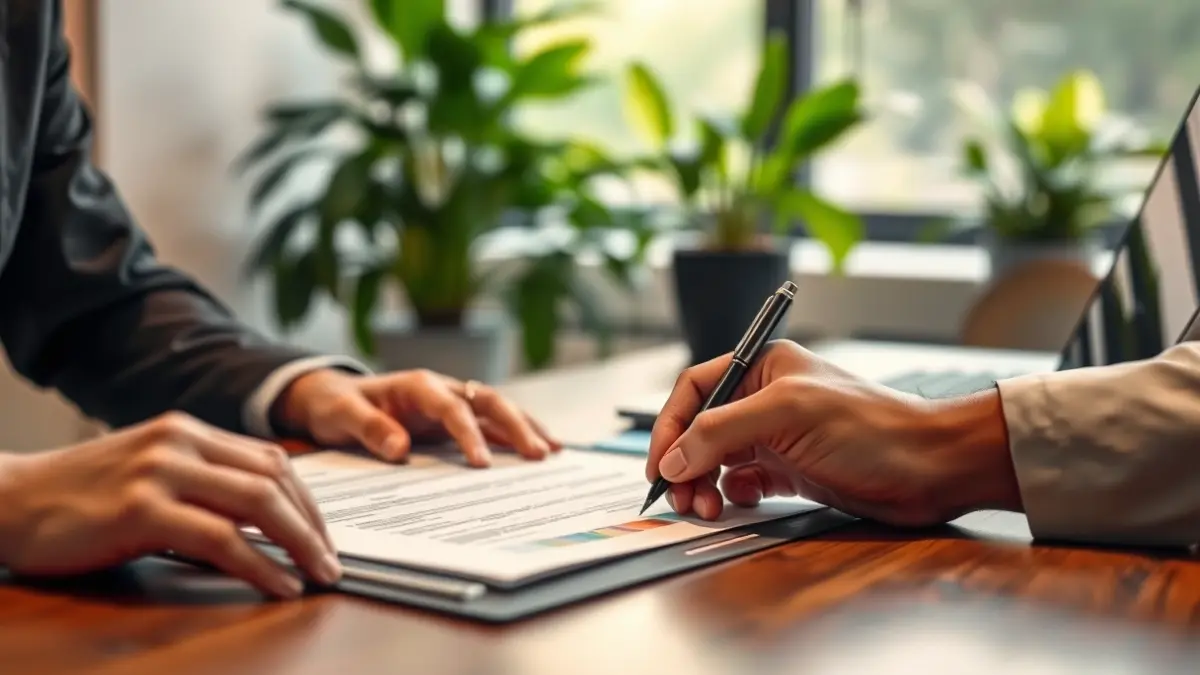 Generic image of hands signing a document, symbolizing collaboration in sustainable development projects.