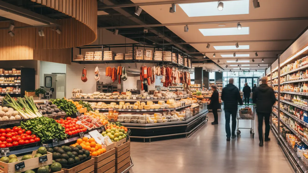 Modern supermarket interior with LED lighting and fresh produce sections.