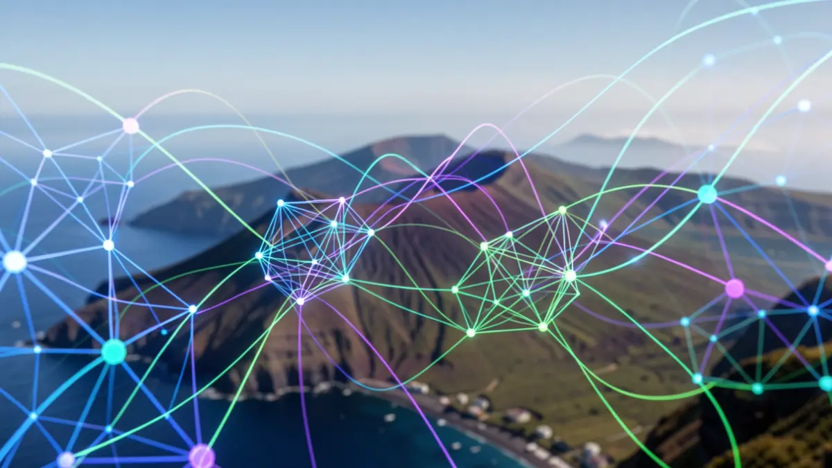 Abstract image of neural networks and data streams with a volcanic landscape of Canarias in the background.