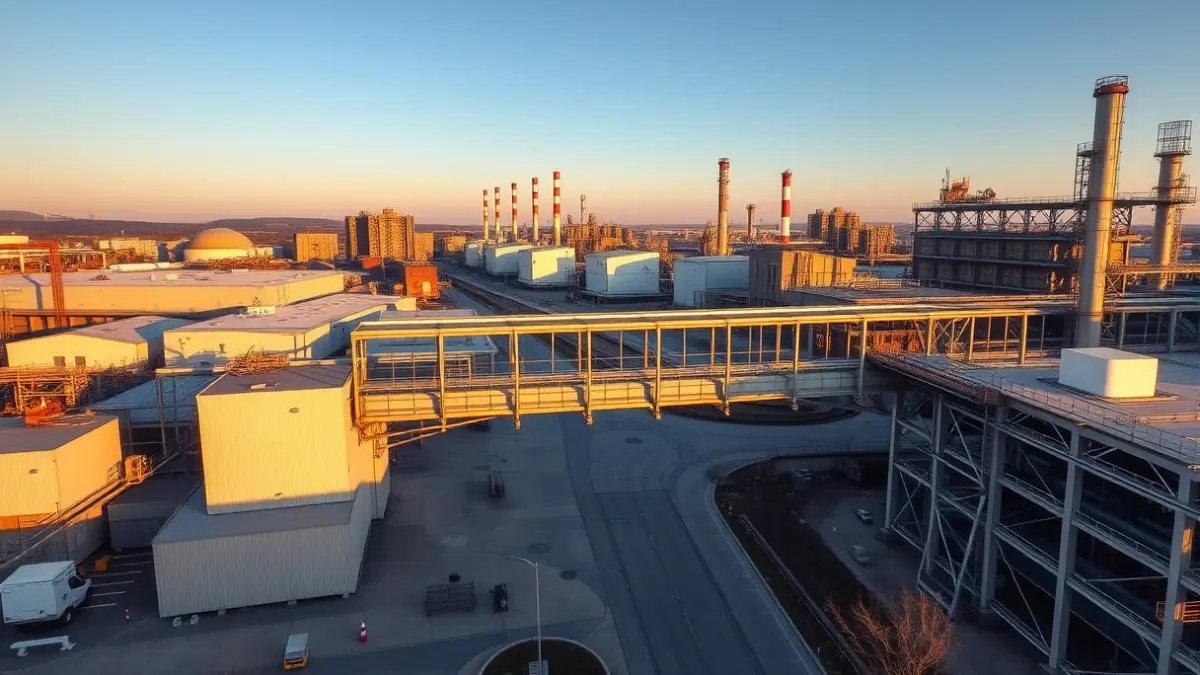 Imagen de un complejo industrial con un puente que conecta dos edificios, simbolizando la mejora de la conectividad y la expansión.