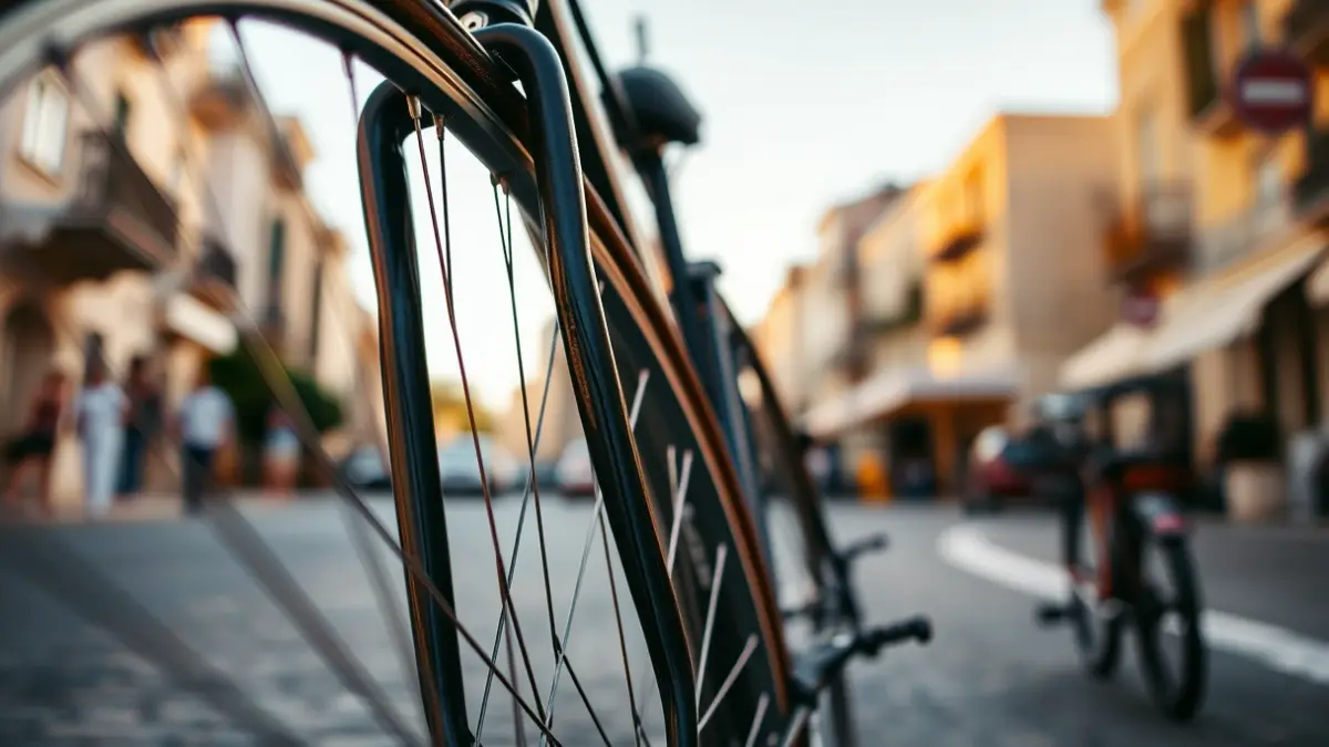 Imagen genérica de una bicicleta, con la rueda y el cuadro en primer plano y un fondo urbano difuminado.