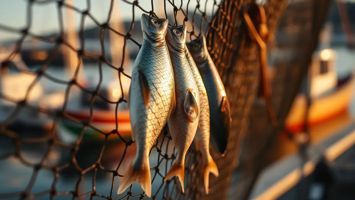 Imagen genérica de una red de pesca con pescado, con el puerto de fondo.