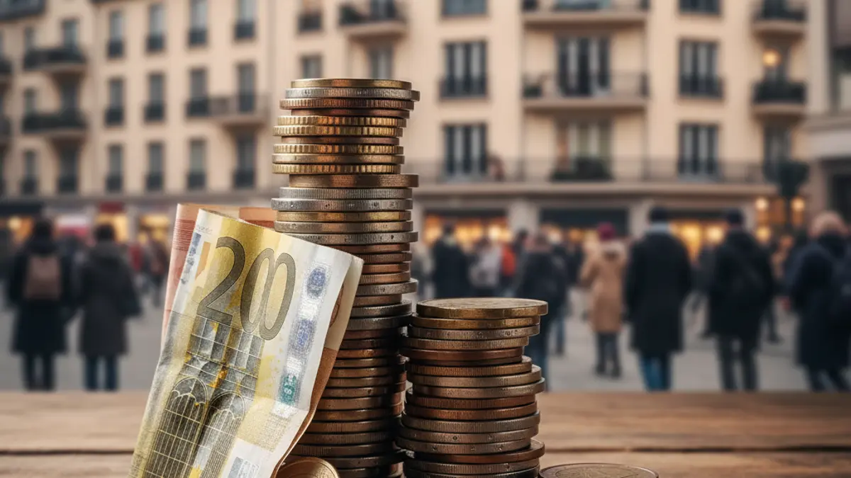 Monedas y billetes de euro sobre una mesa de madera, con edificios de apartamentos desenfocados al fondo.