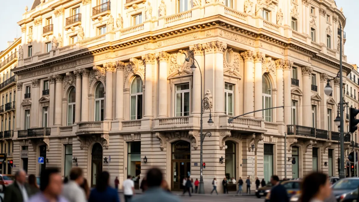 Facade of the emblematic Telefónica building on Gran Vía, Madrid.
