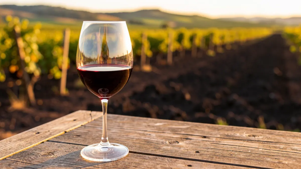 Glass of wine on a wooden table with a blurred volcanic vineyard in the background.