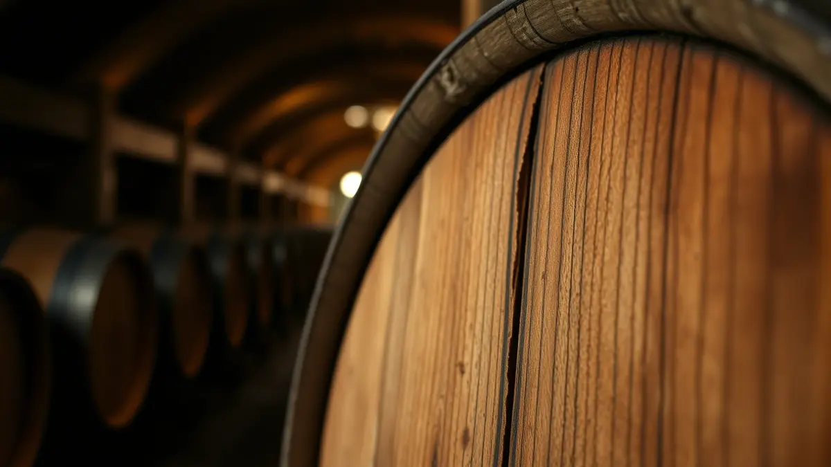 Generic image of a wooden wine barrel in a cellar.