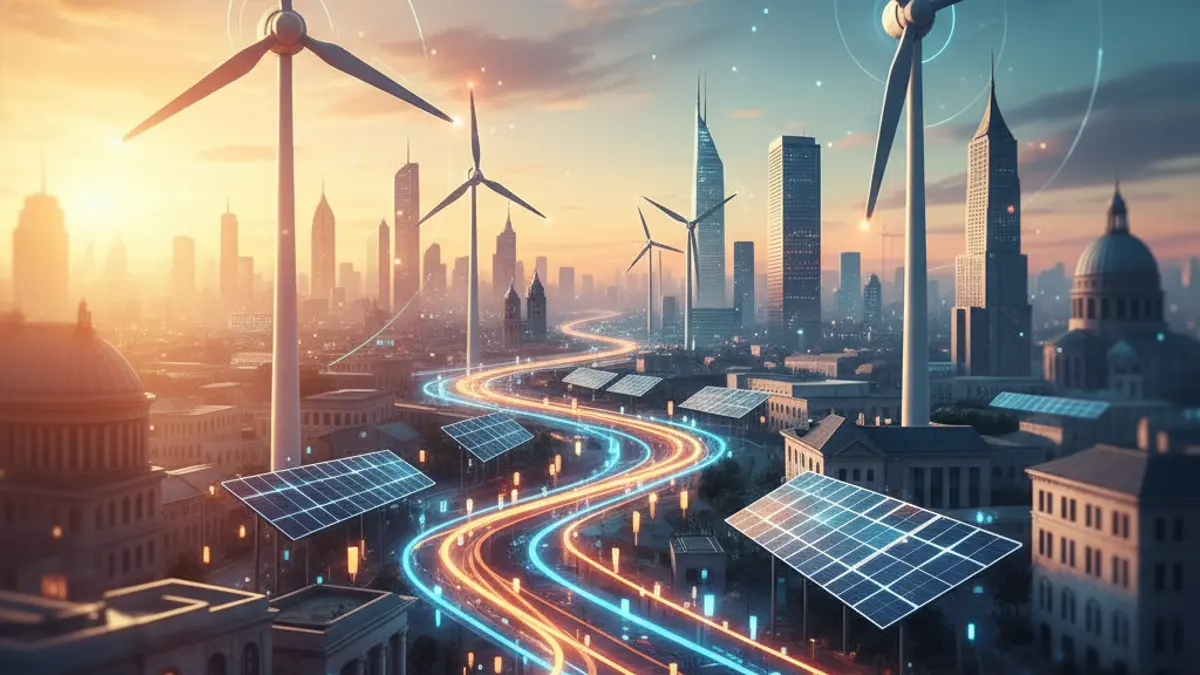 Imagen genérica que representa la transición energética con elementos de renovables y una ciudad.
