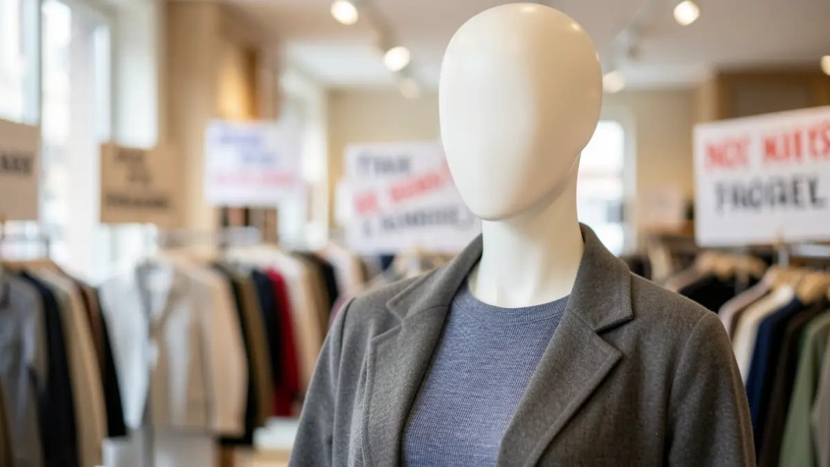 Imagen genérica de un maniquí en un establecimiento textil con señales de protesta al fondo.