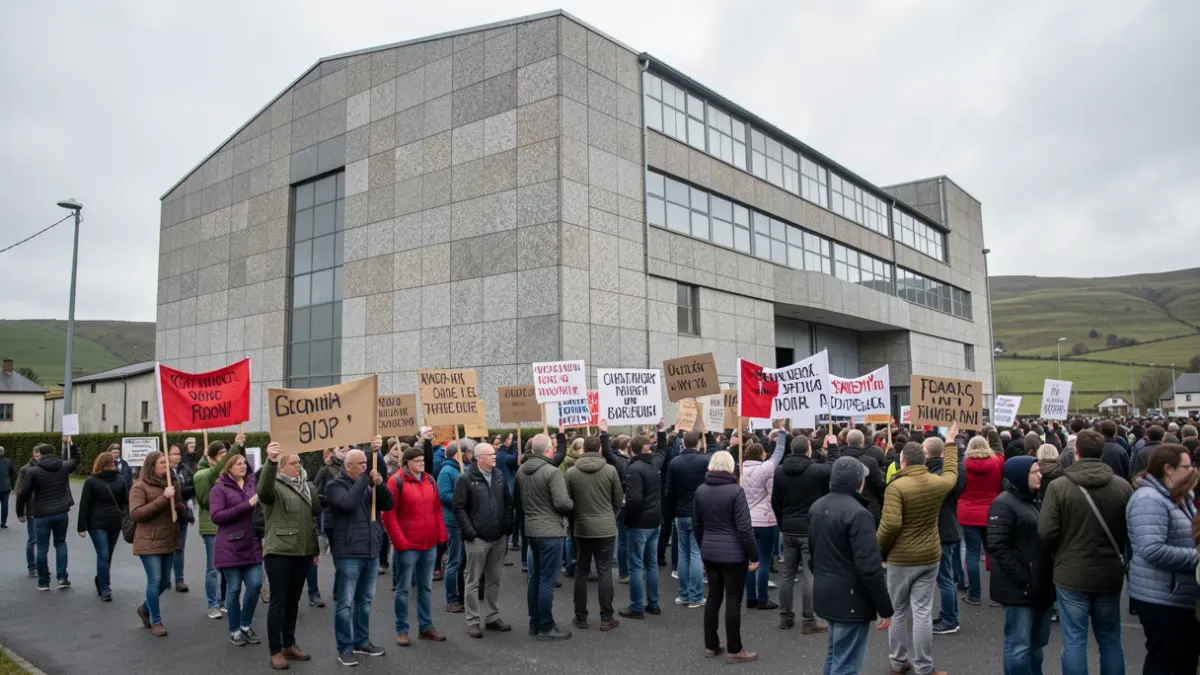 Imagen genérica de manifestación de trabajadores civiles delante de un edificio industrial en Galicia.