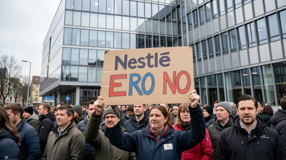 Generic image of workers protesting in front of an office building.