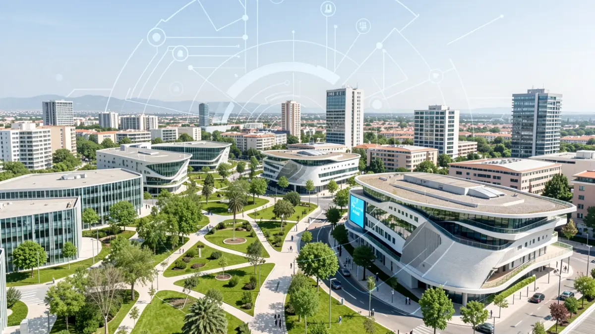 Image of the city of Tres Cantos highlighting its modern architecture and technological focus.
