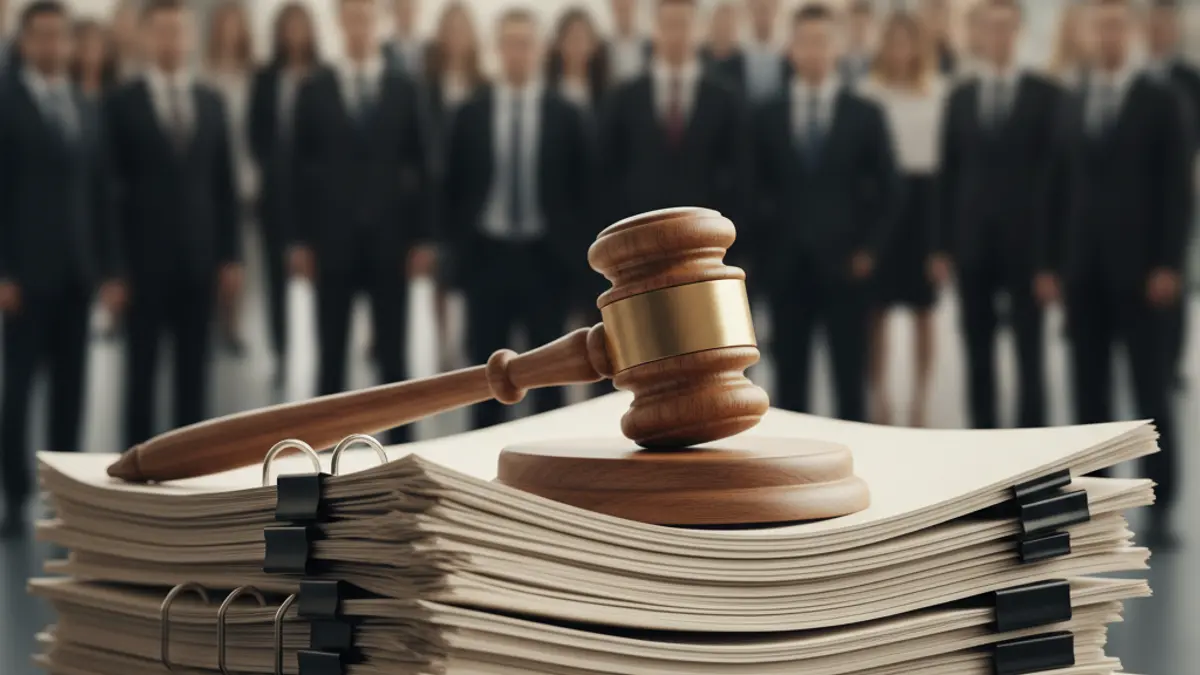Generic image of a stack of legal documents with a gavel on top, with a blurred office background.