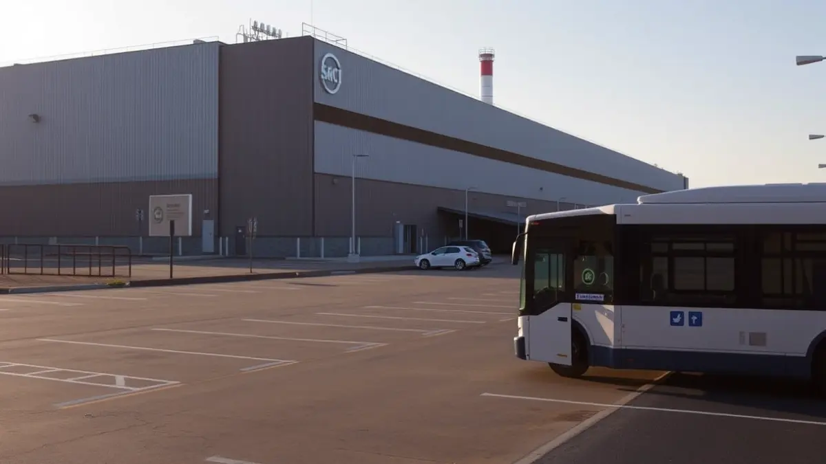 A bus outside a factory, ready to transport workers.