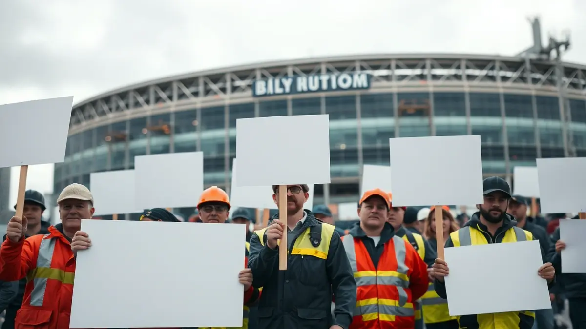 Tubos Reunidos workers protesting against layoffs in front of Mendizorroza stadium.