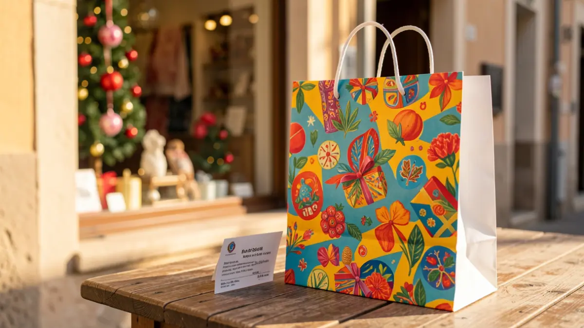 Image of a shopping bag and a gift voucher in a shop window, representing the commercial campaign in Vila-real.