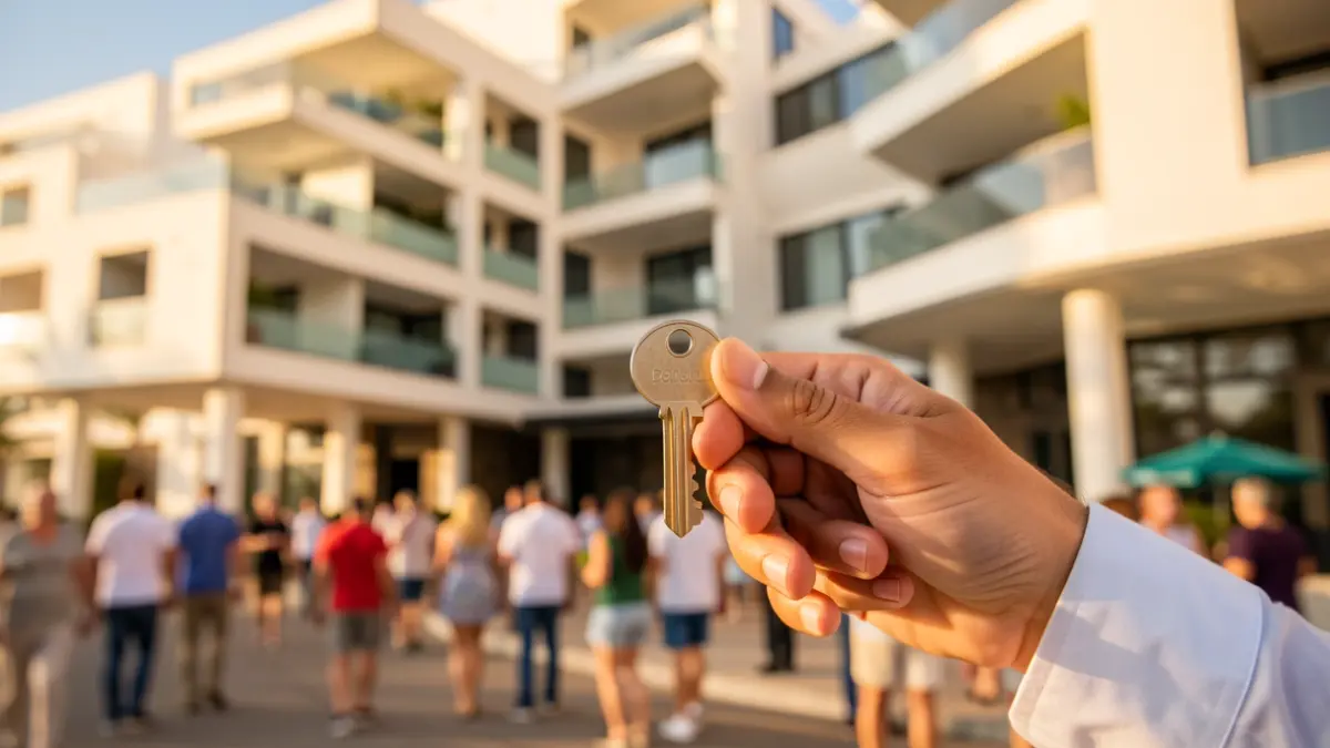 Generic image of a hand holding a key in front of an apartment building.