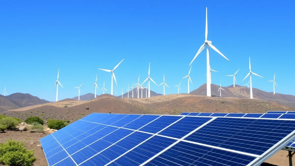 Generic image of solar panels and wind turbines in a Canary Islands landscape, representing renewable energy.