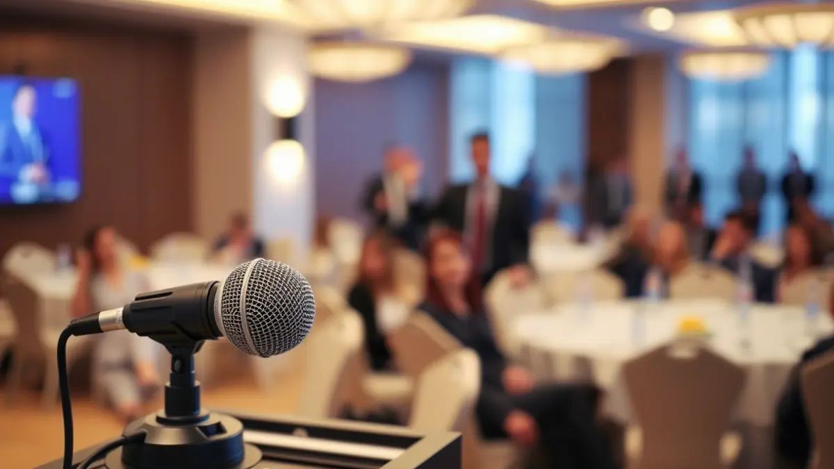 Imagen genérica de un micrófono en un atril durante una conferencia empresarial.