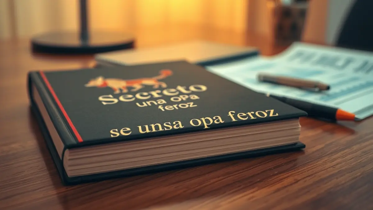 Libro 'Secretos de una opa feroz' sobre una mesa con documentos financieros desenfocados.
